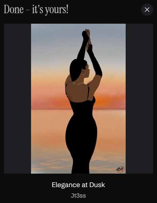 An artwork titled 'Elegance at Dusk' by Jt3ss showing a silhouette of a woman in a black dress at sunset with arms raised, displayed on an app with 'Done - it's yours!' at the top.
