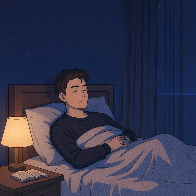 The image features a man sleeping peacefully in bed with his eyes closed. The scene takes place at night, as indicated by the dark blue background and the presence of stars above him. There are no texts or other objects visible in the image, but there is an open book on the bedside table next to the man's head.