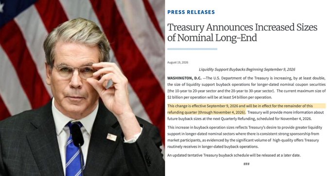 Press release from the U.S. Department of the Treasury titled "Treasury Announces Increased Sizes of Nominal Long-End," dated August 19, 2026, with a photo of Treasury Secretary Scott Bessent and a highlighted note that the liquidity support buyback size change is effective September 9, 2026.