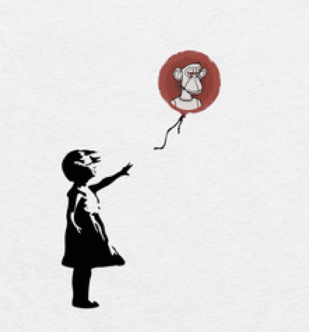 A black-and-white Banksy-style stencil artwork on a white wall depicting a young girl reaching up toward a floating red balloon that features the face of a Bored Ape (NFT character) in its center.