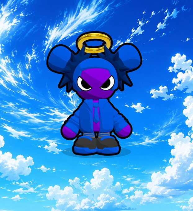 A cartoonish blue and purple character with mouse-like ears wearing a hoodie, depicted with a golden halo above its head against a bright blue sky with scattered clouds.
