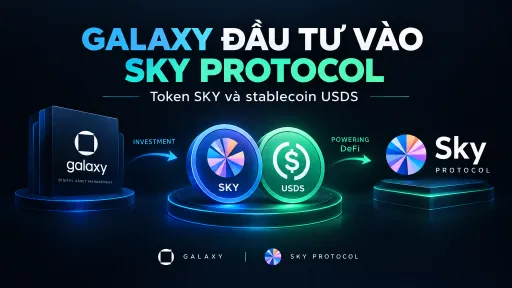 A promotional graphic for 'GALAXY ĐẦU TƯ VÀO SKY PROTOCOL' featuring logos for Galaxy, SKY token, USDS stablecoin, and Sky Protocol with arrows showing investment flow.