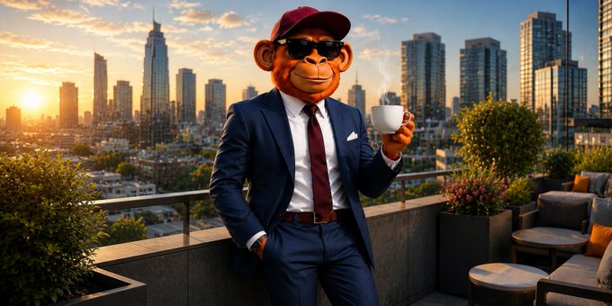 A digital composite shows a person in a sharp blue suit, red tie, and red baseball cap wearing a monkey mask, holding a coffee cup on a rooftop terrace overlooking a city skyline at sunset.