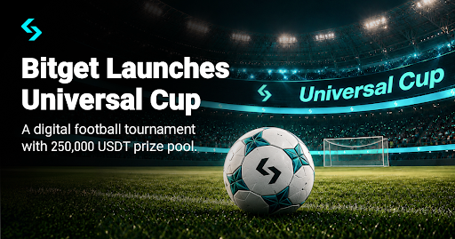 The image features a soccer ball placed on a soccer field with a stadium visible behind it, accompanied by text promoting a digital football tournament between Bitget and the Universal Cup from 2016. The goal of this event appears to be raising funds for charity using USDT prizes pool in a free-to-play game called "Cup" or "Universal Cup".