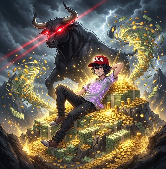 An anime-style image shows a young man wearing a red "WAGMI" cap, sitting atop massive piles of gold coins and cash bundles, with a fierce black bull featuring glowing red eyes looming behind him under a stormy, lightning-filled sky. The imagery of the powerful bull and the "WAGMI" cap reinforces the bullish, "diamond hands" sentiment of the post directed at $ANSEM supporters.