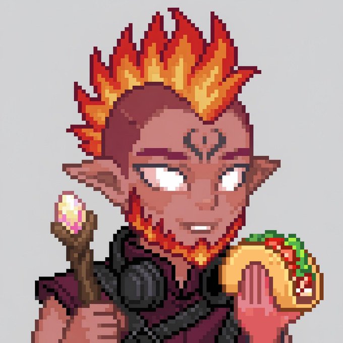 A pixel art illustration of a character with flaming red and orange hair, pointed ears, and a goatee, holding a staff and what appears to be a sandwich or taco.