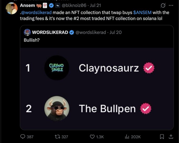 Twitter/X screenshot showing Ansem (@blknoiz06) highlighting that @wordslikerad made an NFT collection where trading fees buy $ANSEM, now ranking as the #2 most traded NFT collection on Solana ('The Bullpen').