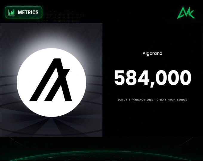 A graphic showing the Algorand logo with metrics displaying '584,000 DAILY TRANSACTIONS · 7-DAY HIGH SURGE' alongside a 'METRICS' tag.