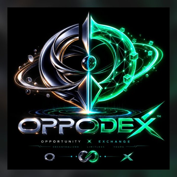 A glossy digital logo for 'OPPODEX' with the tagline 'OPPORTUNITY X EXCHANGE' and 'DECENTRALIZED LIMITLESS YOURS', featuring metallic silver and neon green abstract 3D elements.