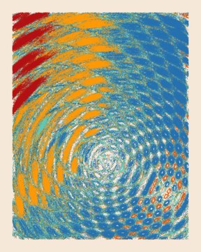 An abstract painting with swirling patterns of blue, orange, red, and white colors in a spiral composition.