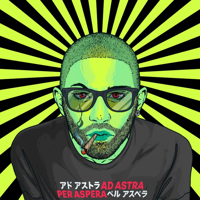 An illustrated portrait of a green-skinned man with red eyes, a beard, and sunglasses, smoking a cigarette against a yellow and black sunburst background, with the text "アドアストラ AD ASTRA PER ASPERA" displayed at the bottom.