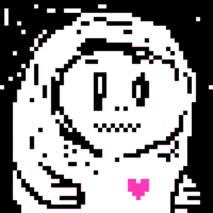 A pixelated black and white illustration of an astronaut figure with a pink heart on its suit, set against a black background.