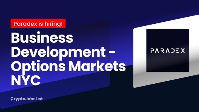 Paradex is hiring for a Business Development role in Options Markets NYC, as advertised by CryptoJobsList. The image visually supports the hiring post by prominently displaying the "Paradex is hiring!" message and the job title.