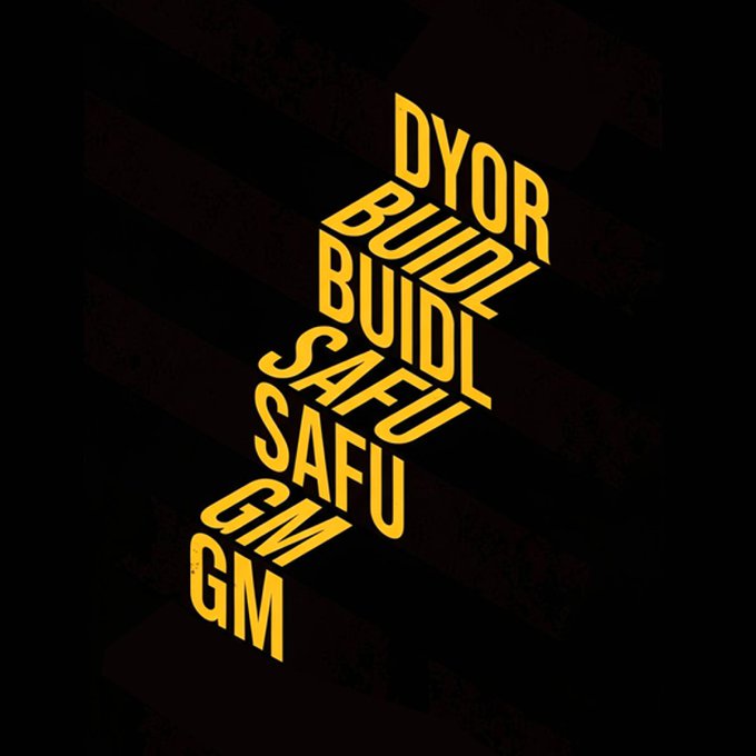The image features stylized yellow text stacked against a dark, diagonally-striped background, spelling out variations of crypto-related terms: "DYOR," "BUIDL," "SAFU," and "GM," with each word repeated for emphasis. This visually echoes the accompanying post's message of "Stay SAFU & Keep building," reinforcing the popular crypto community slogans of safety ("SAFU"), persistence ("BUIDL"), and collective optimism ("GM" — good morning).