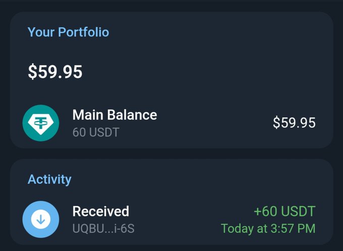 A digital wallet interface showing a "Your Portfolio" balance of $59.95 in USDT and an Activity log showing a received transfer of +60 USDT today at 3:57 PM.