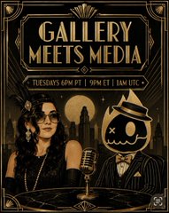 A black and gold Art Deco-style promotional graphic reading "GALLERY MEETS MEDIA" with event details "TUESDAYS 6PM PT | 9PM ET | ILM UTC-" featuring an illustration of a woman and a pumpkin-headed figure in a tuxedo holding a cocktail at a rooftop bar. The flyer advertises a weekly Twitter Space hosted by @peanutt and @LongLostNFT, aligning with the post's announcement of tonight's 9pm EST live conversation.
