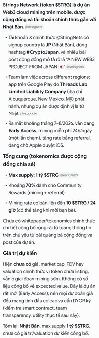 A Vietnamese-language infographic detailing information about 'Strings Network ($STRG)' cryptocurrency, including its founders, tokenomics, and estimated value.