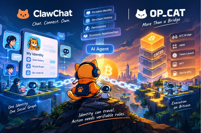 The image is a promotional graphic for ClawChat and OP_CAT, featuring an orange cat mascot and a robot overlooking a futuristic cityscape with a Bitcoin sunset. It showcases ClawChat's features (Portable Identity, On-chain History, Permissions, Economic Relationships, AI Agent, Chat History, Social Graph, On-chain ID) alongside OP_CAT's capabilities (BTC Bridge, AMM, Token Launch, NFT, Gas in BTC, CAT20), with central text declaring "One Identity One Social Graph," "Identity can travel. Action needs verifiable rules," and "Execution on Bitcoin."

The image visually reinforces the post's theme by illustrating how AI Agents need portable, blockchain-based identity (ClawChat) and Bitcoin-native execution infrastructure (OP_CAT) to operate without relying on centralized service providers.