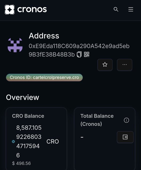 A screenshot of a digital wallet interface from 'cronos', showing an address '0xE9Eda118C609a290A542e9ad5eb9B3fE38B48B3b' and a Cronos ID 'cartelcrolpreserve.cro', with a CRO Balance of '8,587,105' and a USD value of '$ 496.56'.