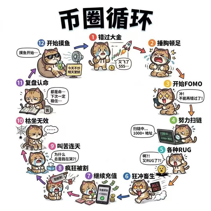 The image is a Chinese infographic titled "币圈循环" (Crypto Circle Cycle), depicting a 12-step humorous flowchart of an investor's emotional rollercoaster, featuring cartoon cats labeled with stages like "错过大金" (Missing Big Gains), "捶胸顿足" (Beating Chest in Regret), "开始FOMO" (Starting FOMO), "努力扫链" (Eagerly Scanning the Chain), "各种RUG" (Various Rug Pulls), "All In," and "继续充值" (Continue Topping Up), cycling back to "复盘认命" (Post-Mortem and Acceptance). 

It illustrates the recurring pattern of crypto trading losses described in the post—where a weekend cooldown in $STONK and $PONS leads to FOMO, frantic chain scanning, rug pulls, and emotional exhaustion, humorously capturing the cycle the poster is experiencing.