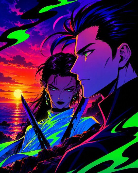 Vibrant anime-style artwork featuring two characters with green eyes against a dramatic sunset seascape, accented with neon green and purple elements.