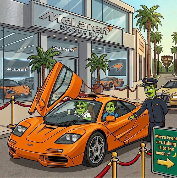 A cartoon illustration of green Pepe-style characters at a McLaren Beverly Hills dealership, with one driving an orange McLaren while another in a doorman uniform stands nearby, next to a sign reading 'Micro Frens are taking it to the moon'.