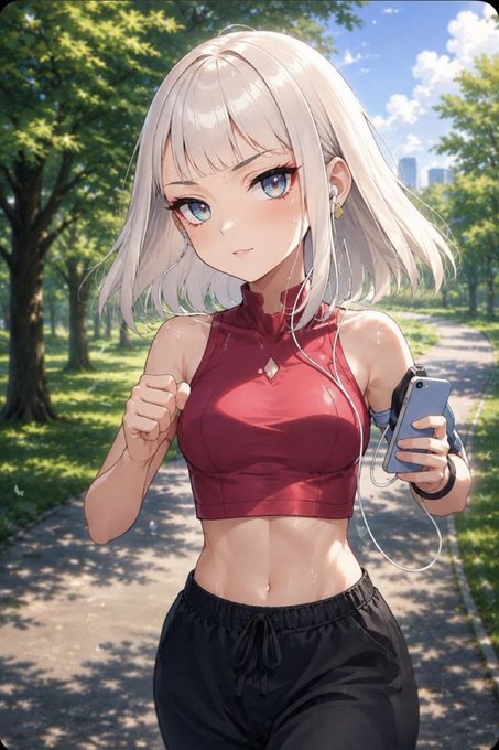 An anime-style illustration shows a silver-haired woman with blue eyes wearing a red sports crop top and black pants, holding a smartphone with earphones in a sunny park setting.