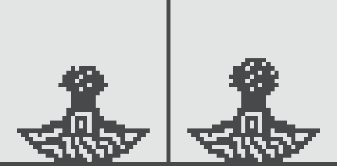 A pixelated, mirrored grayscale illustration shows two identical stylized figures resembling urn-like or totem shapes with wide wing-like bases, separated by a central vertical line. The symmetrical, mirrored composition reflects the "Normie #294" generative art piece noted in the caption, with the doubled imagery likely resulting from the 554 pixel customizations made by soxiety.eth on normies.art.