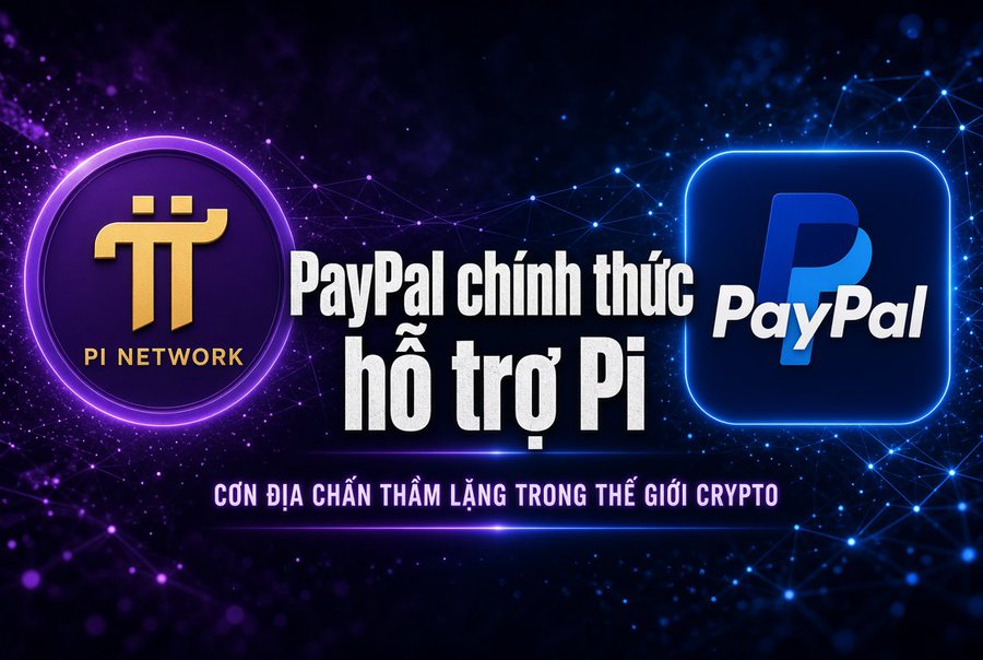 The image is a promotional graphic featuring the Pi Network and PayPal logos with text in Vietnamese stating "PayPal chính thức hỗ trợ Pi" (PayPal officially supports Pi) and "Con địa chấn thầm lặng trong thế giới Crypto" (A silent earthquake in the crypto world), visually reinforcing the post's claim of PayPal quietly adding Pi to its crypto payment support list.