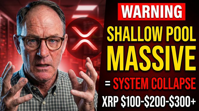 A sensationalist YouTube thumbnail featuring a man with glasses and an XRP logo, warning of a 'SHALLOW POOL MASSIVE SYSTEM COLLAPSE' and predicting XRP at $100-$200-$300+.