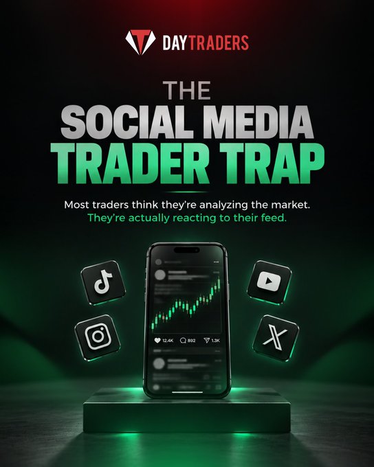 A promotional graphic for 'DAY TRADERS' titled 'THE SOCIAL MEDIA TRADER TRAP' featuring a phone displaying a stock chart surrounded by TikTok, YouTube, Instagram, and X app logos, with text 'Most traders think they're analyzing the market. They're actually reacting to their feed.'