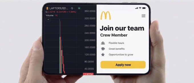 A person holds a foldable smartphone displaying a LAPTOP/USD stock chart on the left (showing CZ 2274 -0.04139, -1.68%) and a McDonald's 'Join our team - Crew Member' recruitment page on the right with an 'Apply now' button.