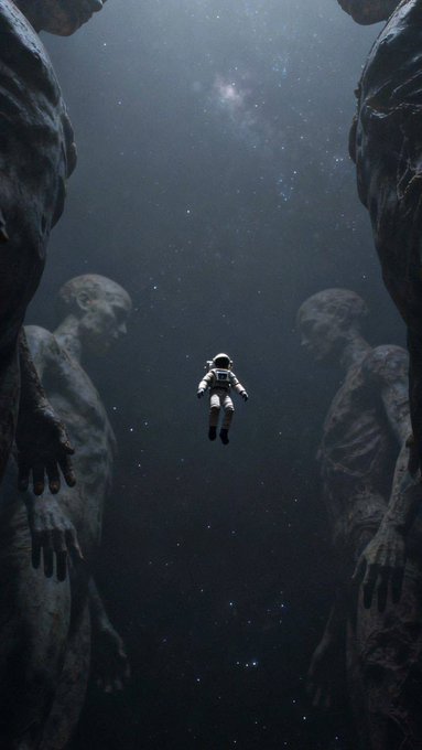 An astronaut floating in deep space surrounded by stars, flanked by two large stone-like statues of human figures.