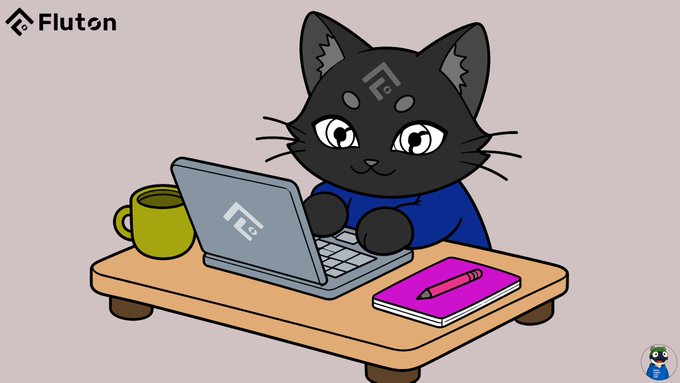 A cartoon illustration featuring a black cat wearing a blue shirt, working on a laptop at a desk with a green coffee mug and a pink notebook, with the 'Fluton' logo in the top left corner.