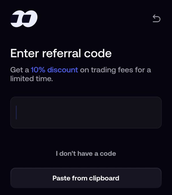 The image shows a dark-themed referral code entry screen with text reading "Enter referral code" and "Get a 10% discount on trading fees for a limited time," along with an input field, an "I don't have a code" option, and a "Paste from clipboard" button. The screen relates to the post by providing the exact interface where users can enter a shared referral code to claim the advertised discount on trading fees.