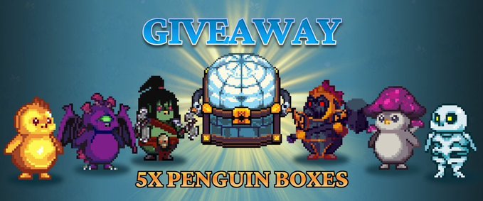 A pixel art giveaway banner reading 'GIVEAWAY 5X PENGUIN BOXES' featuring various characters surrounding a treasure chest with a crystal ball.