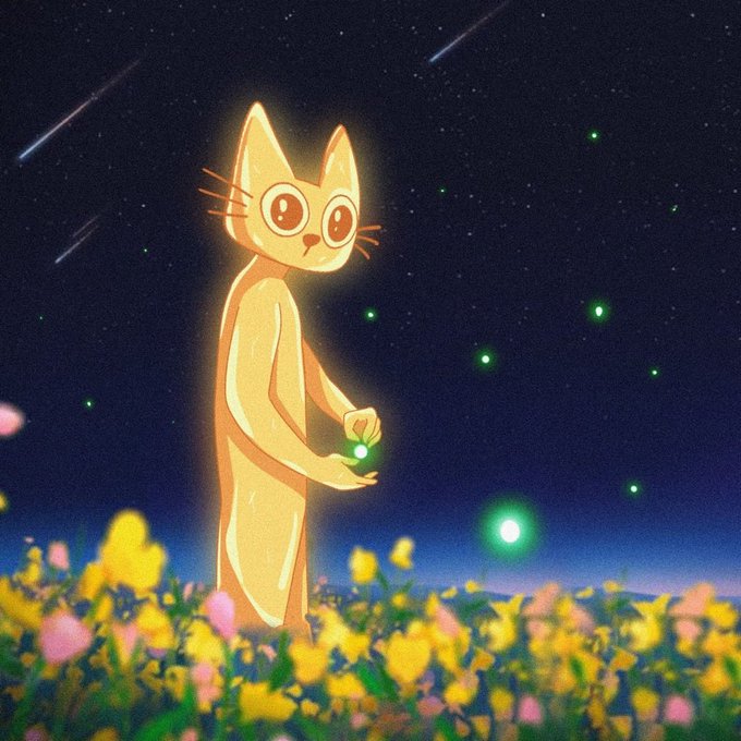 An illustration of a glowing, golden cat-like figure standing in a field of yellow and pink flowers under a starry night sky with shooting stars, holding a small glowing green light in its hands.
