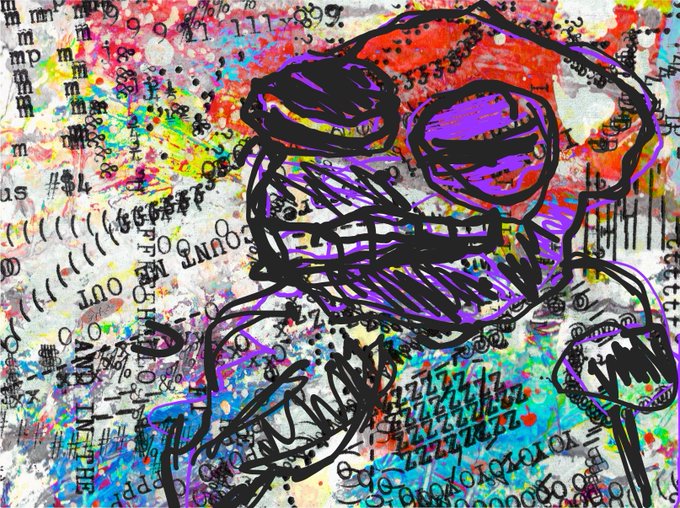 A colorful, graffiti-style digital artwork featuring a face with sunglasses and a wide grin over a pattern of letters and numbers.