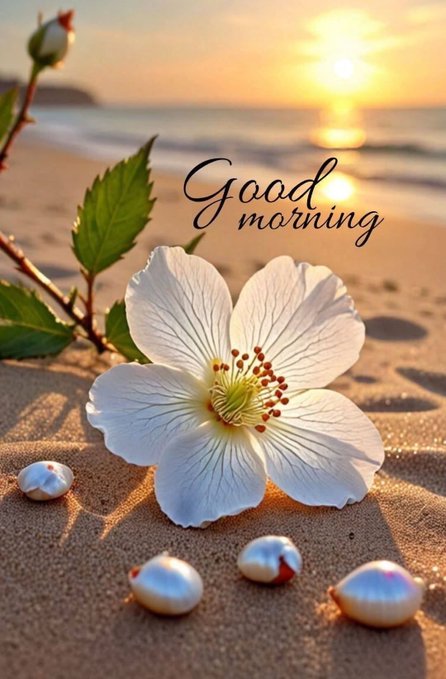 A 'Good morning' greeting card image featuring a white flower on sandy beach with pearl-like decorations and a sunset over the ocean in the background.