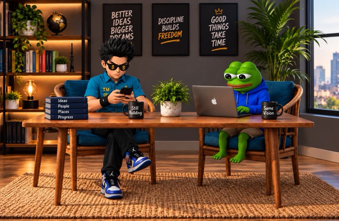 Two 3D animated characters, a boy with black hair and sunglasses and a Pepe the Frog, sit at a table using laptops and phones, with motivational posters reading 'BETTER IDEAS BIGGER DREAMS', 'DISCIPLINE BUILDS FREEDOM', and 'GOOD THINGS TAKE TIME' on the wall.