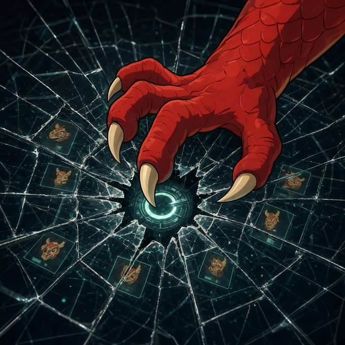 A digital illustration of a red, scaly, clawed hand pressing down on a glowing circular interface embedded in cracked glass, with floating holographic screens displaying demonic faces in the background.