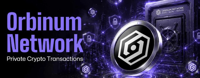 The image is a promotional banner for "Orbinum Network - Private Crypto Transactions," featuring a futuristic vault, shield icons, and connected nodes against a dark purple/blue tech background, visually reinforcing the post's theme of privacy-focused solutions like their SDK 0.16.0, which uses view tags to filter 99.6% of foreign notes and tackle data location challenges in encrypted shielded pools.