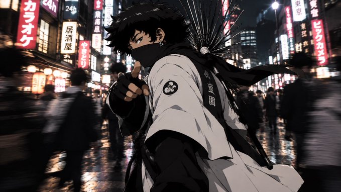 An anime character in a white jacket and black mask stands in a bustling nighttime cityscape featuring illuminated Japanese signs like "24h" and "カラオケ" (karaoke), matching the morning greeting with a moody, urban "good morning" vibe.