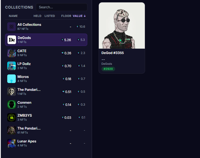 An NFT collections dashboard on a dark-themed platform, highlighting 'DeGods' with a selected NFT #3355 priced at #2920, and listing other collections like Cute Ape, LP Dollz, and Microz.