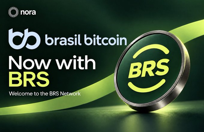 A promotional banner announces 'brasil bitcoin Now with BRS', welcoming users to the BRS Network, with logos for nora and Brasil Bitcoin displayed alongside a green BRS coin graphic.