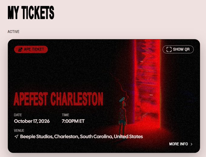 A digital "My Tickets" interface displays an active APE TICKET for APEFEST CHARLESTON on October 17, 2026 at 7:00PM MT at Beeple Studios in Charleston, South Carolina, featuring a red-tinted graphic of a figure with a "Show QR" button. The image visually confirms the post's claim of a seamless ticket purchase experience by showcasing the successfully generated event ticket.