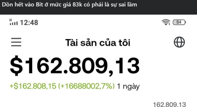 A Vietnamese-language mobile screenshot shows a financial app displaying assets of $162,809.13 with a daily increase of +$162,808.15 (+16688002.7%); the header reads 'Dồn hết vào Bit ở mức giá 83k có phải là sự sai lầm' (translating to 'Is putting everything into Bitcoin at 83k a mistake?').