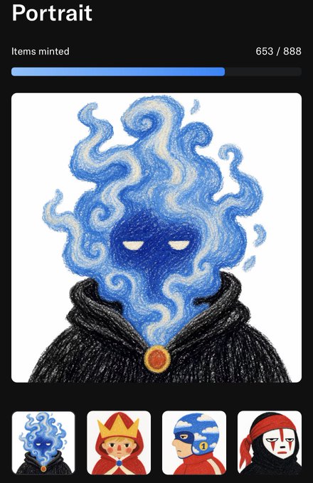 A screen titled 'Portrait' showing an NFT collection of illustrated characters, with 653/888 items minted, featuring a blue flame-headed figure in a black hooded cloak.