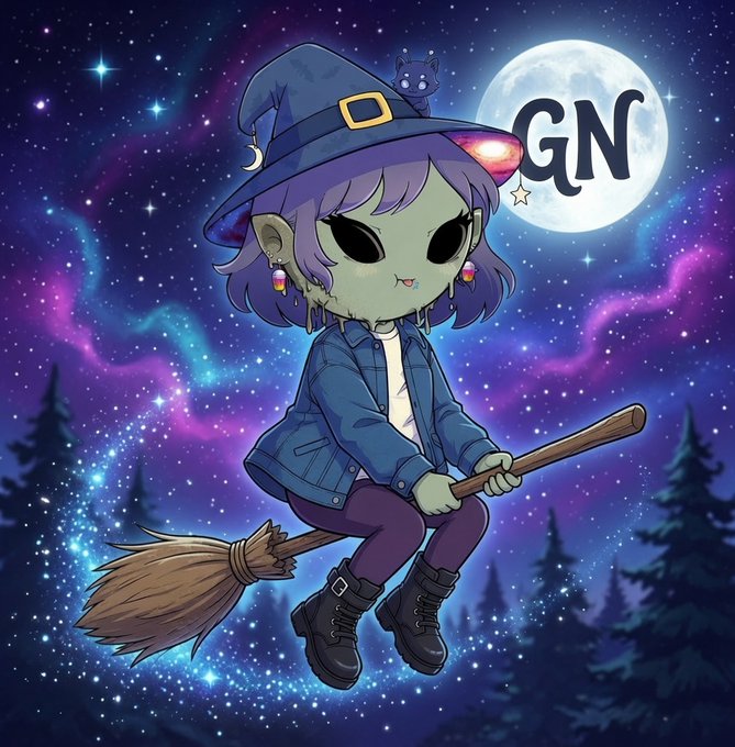 An anime-style illustration of a green-skinned witch with purple hair wearing a pointed hat and blue jacket, flying on a broomstick through a starry night sky with a full moon and 'GN' text visible.