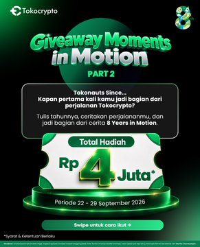 A promotional graphic for Tokocrypto's "Giveaway Moments in Motion PART 2" featuring a green and black design with text in Indonesian, advertising 4 Juta Rupiah in total prizes from September 22-29, 2026.